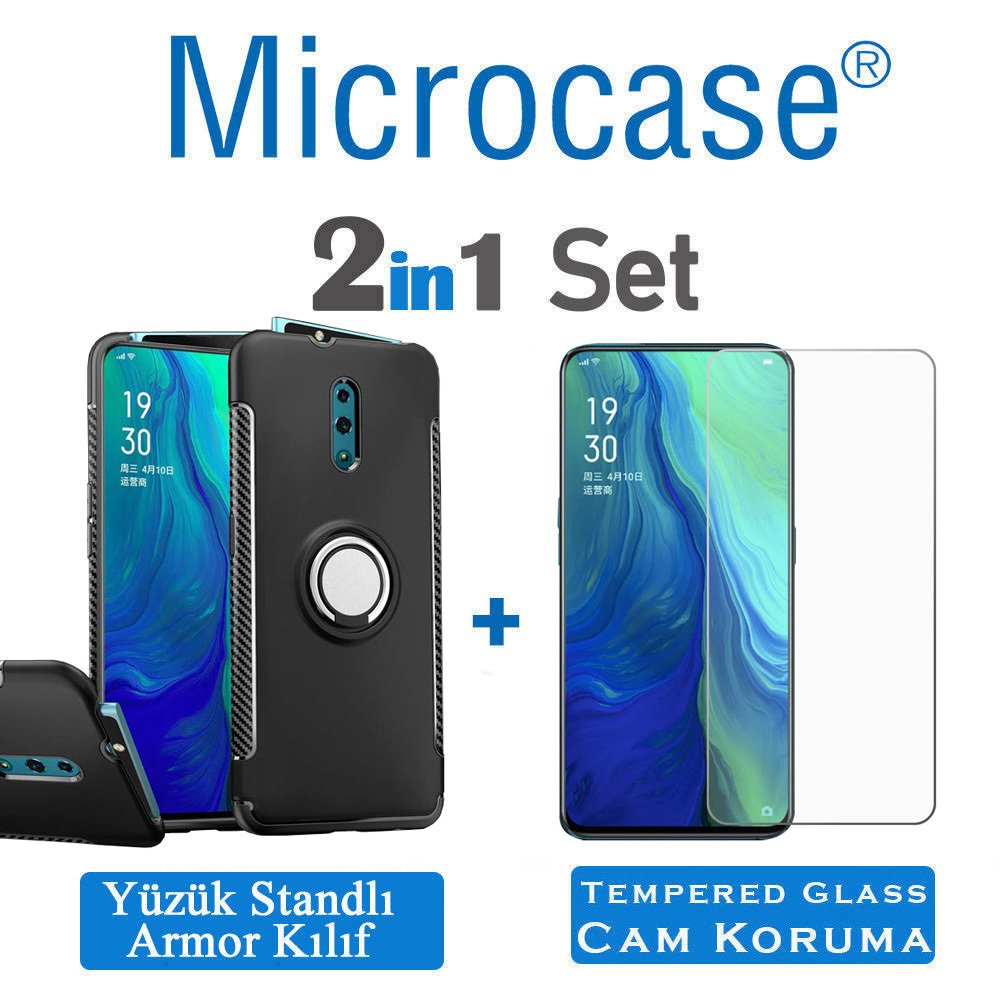 Microcase Oppo Reno Yüzük Standlı Armor Silikon Kılıf + Tempered Glass Cam Koruma (SEÇENEKLİ)