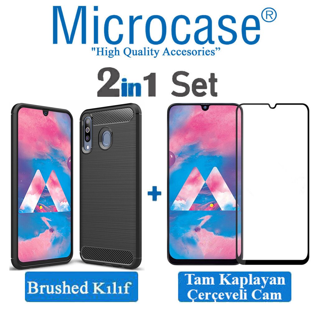 Samsung Galaxy M30 Brushed Kılıf + Tam Kaplayan Çerçeveli Cam