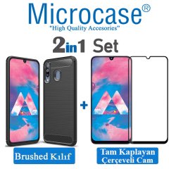 Samsung Galaxy M30 Brushed Kılıf + Tam Kaplayan Çerçeveli Cam