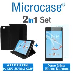 Microcase Lenovo Tab4 7 Essential TB-7304F Alfa Book Case PU Standlı Deri Kılıf - Siyah + Nano Esnek Ekran Koruma Filmi