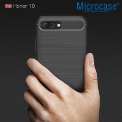 Huawei Honor 10 Brushed Carbon Fiber Silikon TPU Kılıf + Tempered