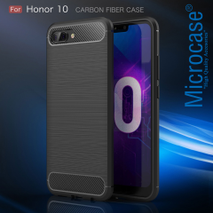 Huawei Honor 10 Brushed Carbon Fiber Silikon TPU Kılıf + Tempered