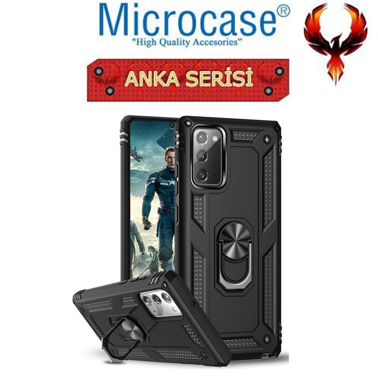 Microcase Samsung Galaxy Note 20 Anka Serisi Yüzük Standlı Armor Kılıf- Siyah