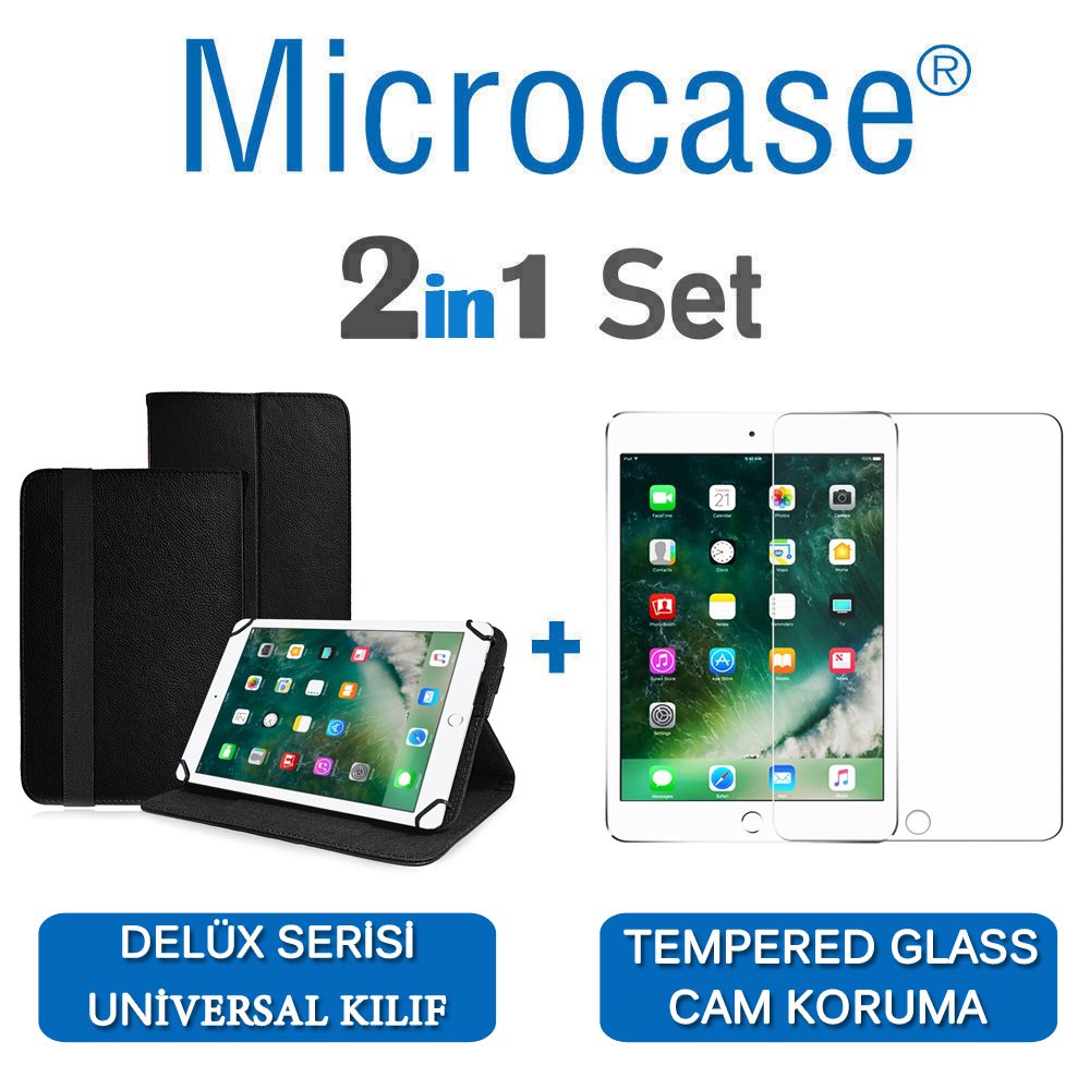 Microcase iPad 9.7 2017 Delüx Serisi Universal Standlı Deri Kılıf - Siyah + Tempered Glass Cam Koruma