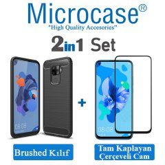 Microcase Huawei Mate 30 Lite Brushed Carbon Fiber Silikon Kılıf Siyah + Tam Kaplayan Çerçeveli Cam