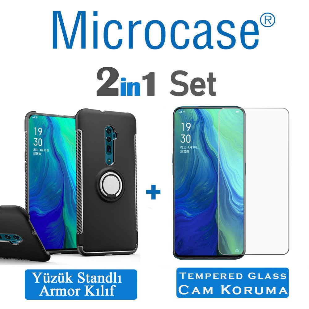 Microcase Oppo Reno 10x Zoom Yüzük Standlı Armor Silikon Kılıf + Tempered Glass Cam Koruma (SEÇENEKLİ)