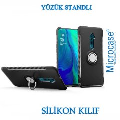 Microcase Oppo Reno 10x Zoom Yüzük Standlı Armor Silikon Kılıf + Tempered Glass Cam Koruma (SEÇENEKLİ)
