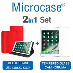 Microcase iPad 9.7 2017 Delüx Serisi Universal Standlı Deri Kılıf - Kırmızı + Tempered Glass Cam Koruma