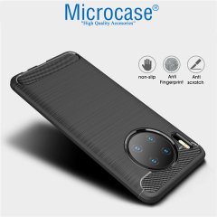 Microcase Huawei Mate 30 Brushed Carbon Fiber Silikon Kılıf - Siyah + Tam Kaplayan Çerçeveli Cam