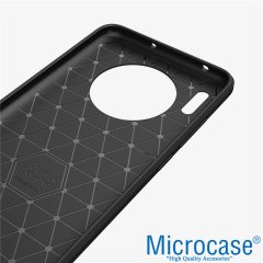 Microcase Huawei Mate 30 Brushed Carbon Fiber Silikon Kılıf - Siyah + Tam Kaplayan Çerçeveli Cam