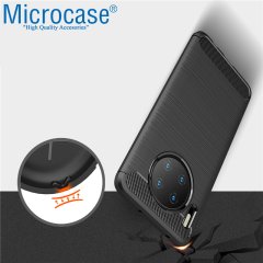Microcase Huawei Mate 30 Brushed Carbon Fiber Silikon Kılıf - Siyah + Tam Kaplayan Çerçeveli Cam