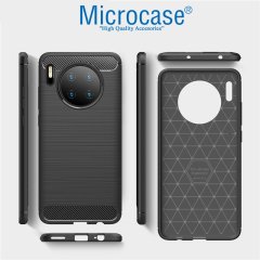 Microcase Huawei Mate 30 Brushed Carbon Fiber Silikon Kılıf - Siyah + Tam Kaplayan Çerçeveli Cam