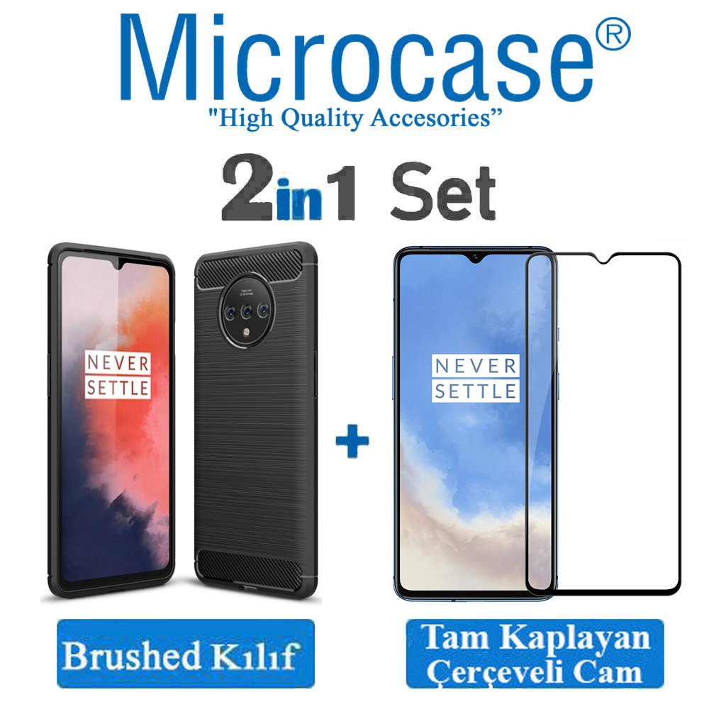 Microcase OnePlus 7T Brushed Carbon Fiber Silikon Kılıf - Siyah + Tam Kaplayan Çerçeveli Cam
