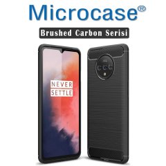 Microcase OnePlus 7T Brushed Carbon Fiber Silikon Kılıf - Siyah + Tam Kaplayan Çerçeveli Cam
