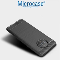 Microcase OnePlus 7T Brushed Carbon Fiber Silikon Kılıf - Siyah + Tam Kaplayan Çerçeveli Cam