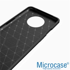 Microcase OnePlus 7T Brushed Carbon Fiber Silikon Kılıf - Siyah + Tam Kaplayan Çerçeveli Cam