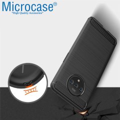 Microcase OnePlus 7T Brushed Carbon Fiber Silikon Kılıf - Siyah + Tam Kaplayan Çerçeveli Cam
