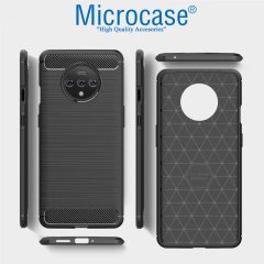 Microcase OnePlus 7T Brushed Carbon Fiber Silikon Kılıf - Siyah + Tam Kaplayan Çerçeveli Cam