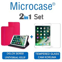 Microcase iPad 9.7 2017 Delüx Serisi Universal Standlı Deri Kılıf - Pembe + Tempered Glass Cam Koruma