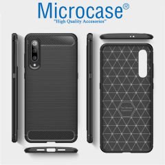 Microcase Xiaomi Mi 9 Pro Brushed Carbon Fiber Tpu Silikon Kılıf Siyah + Tam Kaplayan Çerçeveli Cam