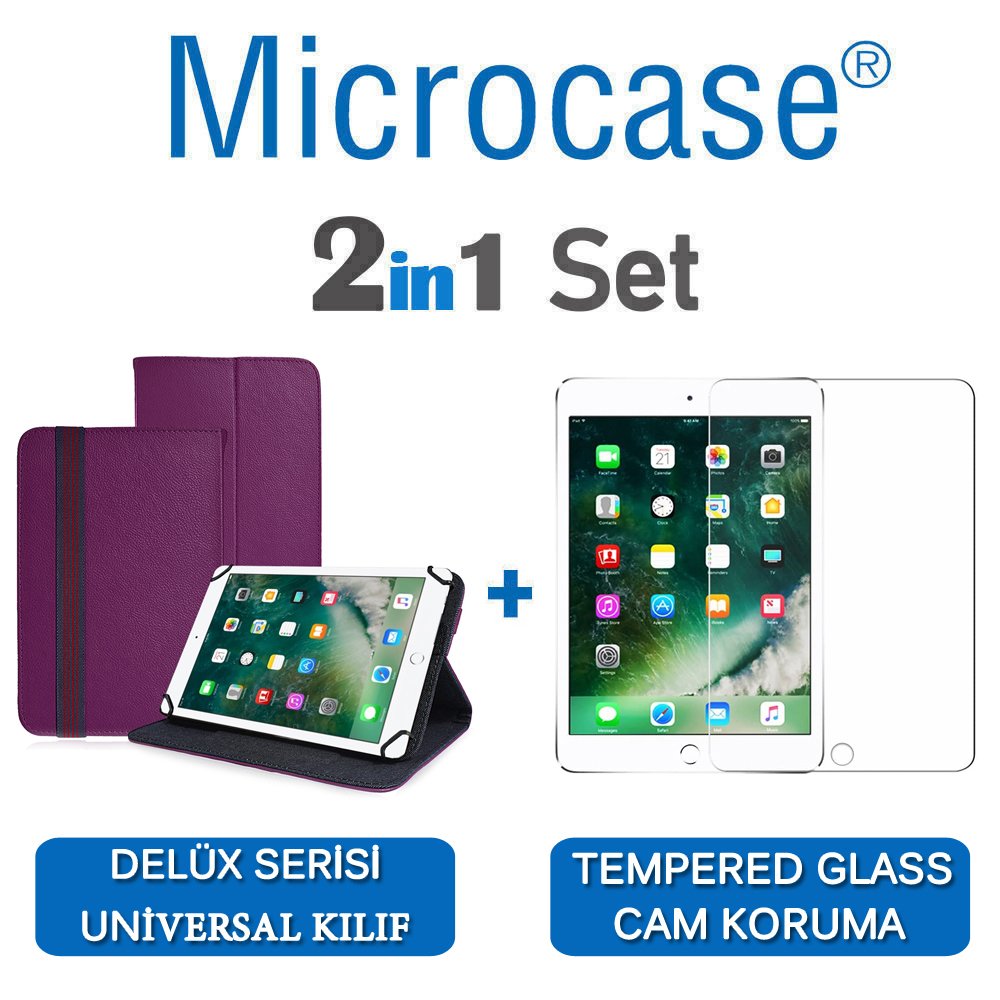 Microcase iPad 9.7 2017 Delüx Serisi Universal Standlı Deri Kılıf - Mor + Tempered Glass Cam Koruma