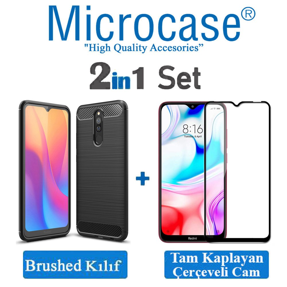 Microcase Xiaomi Redmi 8 Brushed Carbon Fiber Silikon Kılıf - Siyah + Tam Kaplayan Çerçeveli Cam