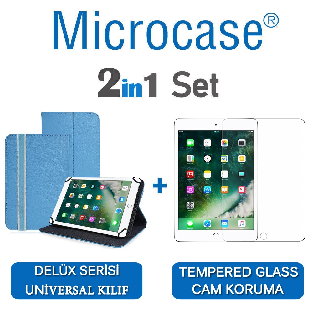 Microcase iPad 9.7 2017 Delüx Serisi Universal Standlı Deri Kılıf - Turkuaz + Tempered Glass Cam Koruma