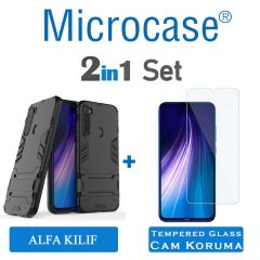 Microcase Xiaomi Redmi Note 8 Alfa Serisi Armor Standlı Perfect Koruma Kılıf - Siyah + Tempered Glass Cam Koruma