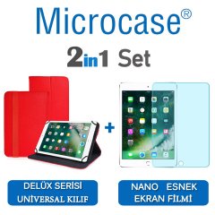 Microcase iPad 9.7 2017 Delüx Serisi Universal Standlı Deri Kılıf - Kırmızı + Nano Esnek Ekran Koruma Filmi