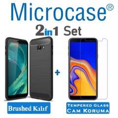 Samsung Galaxy J4 Plus Brushed Carbon Fiber Silikon Kılıf + CAM