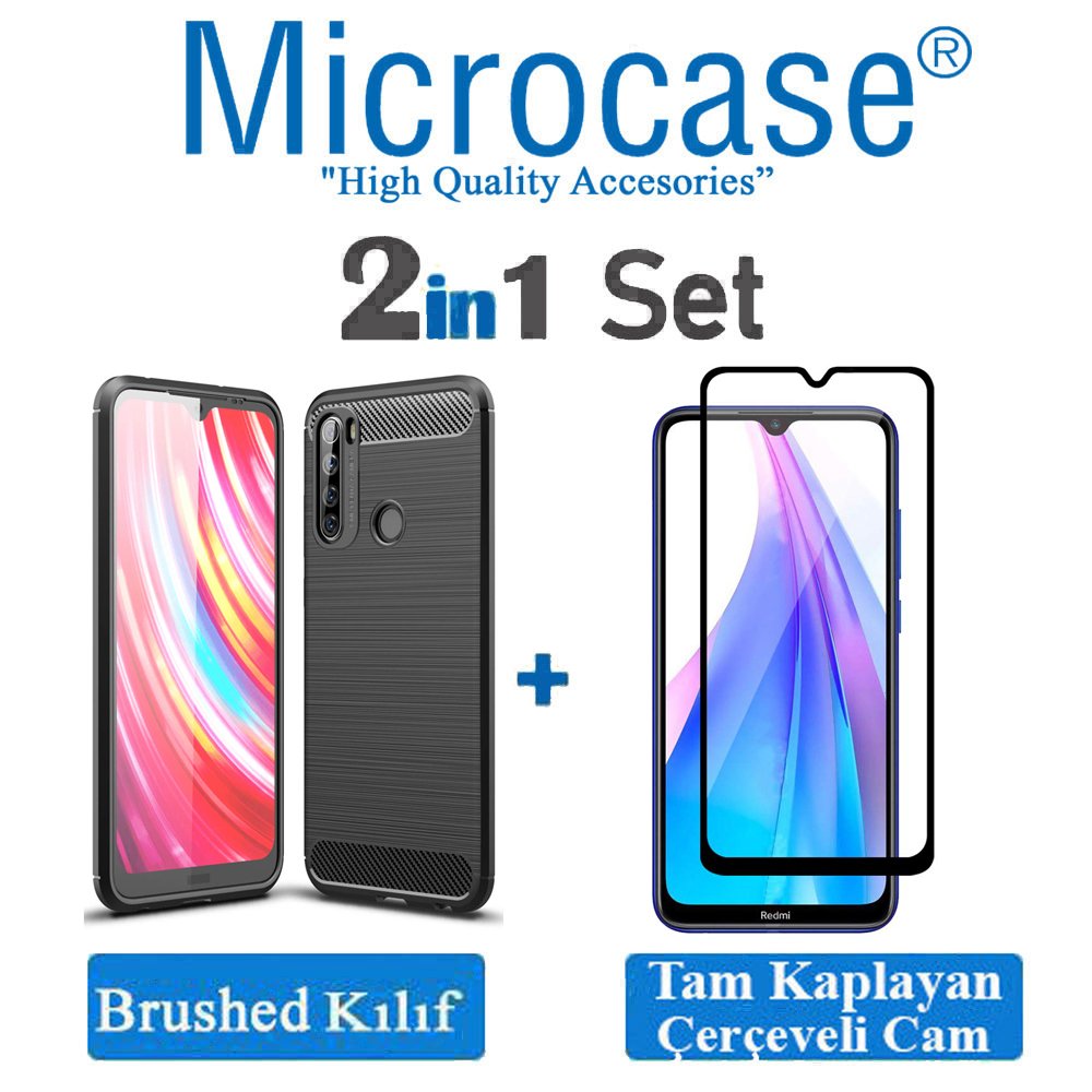 Microcase Xiaomi Redmi Note 8T Brushed Carbon Fiber Silikon Kılıf Siyah + Tam Kaplayan Çerçeveli Cam