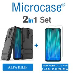 Microcase Xiaomi Redmi Note 8 Pro Alfa Serisi Armor Standlı Perfect Koruma Kılıf - Siyah + Tempered Glass Cam Koruma