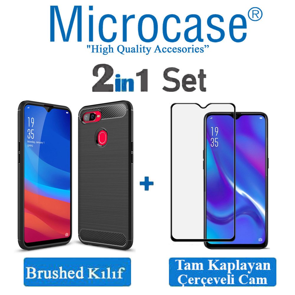 Microcase Oppo A5S Brushed Carbon Fiber Silikon TPU Kılıf - Siyah + Tam Kaplayan Çerçeveli Cam
