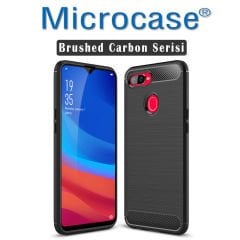 Microcase Oppo A5S Brushed Carbon Fiber Silikon TPU Kılıf - Siyah + Tam Kaplayan Çerçeveli Cam