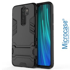 Microcase Xiaomi Redmi Note 8 Pro Alfa Serisi Armor Standlı Perfect Koruma Kılıf - Siyah + Tempered Glass Cam Koruma