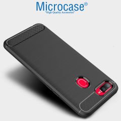 Microcase Oppo A5S Brushed Carbon Fiber Silikon TPU Kılıf - Siyah + Tam Kaplayan Çerçeveli Cam