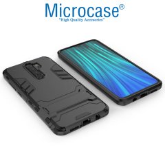 Microcase Xiaomi Redmi Note 8 Pro Alfa Serisi Armor Standlı Perfect Koruma Kılıf - Siyah + Tempered Glass Cam Koruma