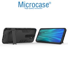 Microcase Xiaomi Redmi Note 8 Pro Alfa Serisi Armor Standlı Perfect Koruma Kılıf - Siyah + Tempered Glass Cam Koruma