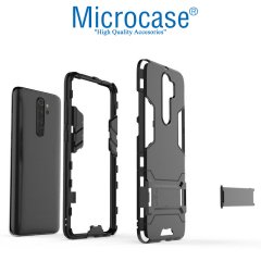 Microcase Xiaomi Redmi Note 8 Pro Alfa Serisi Armor Standlı Perfect Koruma Kılıf - Siyah + Tempered Glass Cam Koruma