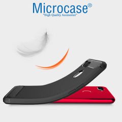 Microcase Oppo A5S Brushed Carbon Fiber Silikon TPU Kılıf - Siyah + Tam Kaplayan Çerçeveli Cam