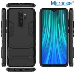 Microcase Xiaomi Redmi Note 8 Pro Alfa Serisi Armor Standlı Perfect Koruma Kılıf - Siyah + Tempered Glass Cam Koruma