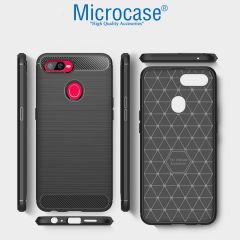 Microcase Oppo A5S Brushed Carbon Fiber Silikon TPU Kılıf - Siyah + Tam Kaplayan Çerçeveli Cam
