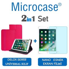 Microcase iPad 9.7 2017 Delüx Serisi Universal Standlı Deri Kılıf - Pembe + Nano Esnek Ekran Koruma Filmi
