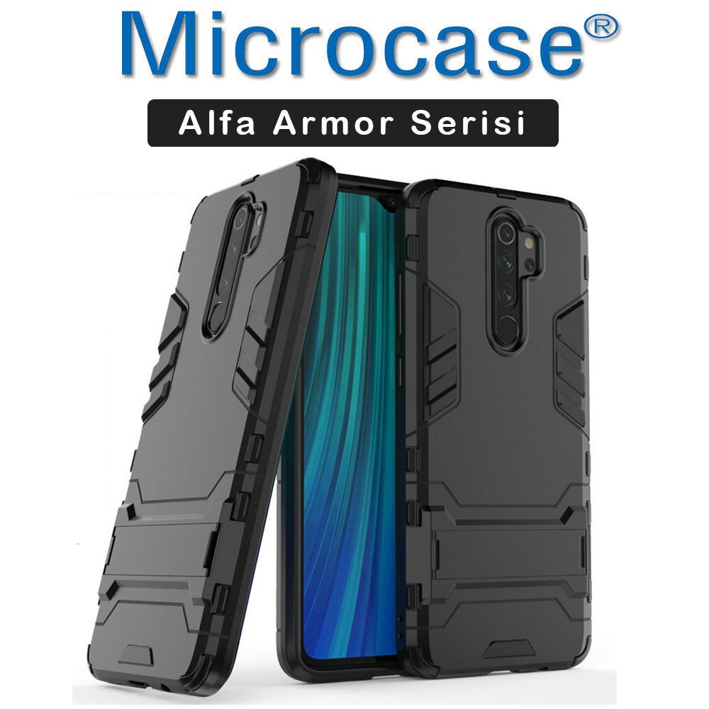 Microcase Xiaomi Redmi Note 8 Pro Alfa Serisi Armor Standlı Perfect Koruma Kılıf - Siyah
