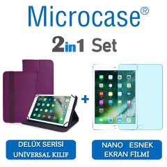 Microcase iPad 9.7 2017 Delüx Serisi Universal Standlı Deri Kılıf - Mor + Nano Esnek Ekran Koruma Filmi