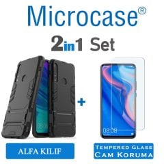 Microcase Huawei P Smart Z - Huawei Y9 Prime 2019 Alfa Serisi Armor Standlı Perfect Koruma Kılıf - Siyah + Tempered Glass Cam Koruma