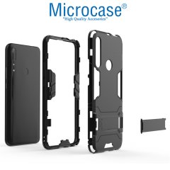 Microcase Huawei P Smart Z - Huawei Y9 Prime 2019 Alfa Serisi Armor Standlı Perfect Koruma Kılıf - Siyah + Tempered Glass Cam Koruma