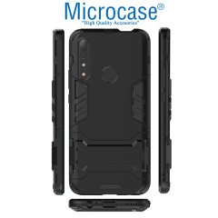 Microcase Huawei P Smart Z - Huawei Y9 Prime 2019 Alfa Serisi Armor Standlı Perfect Koruma Kılıf - Siyah + Tempered Glass Cam Koruma