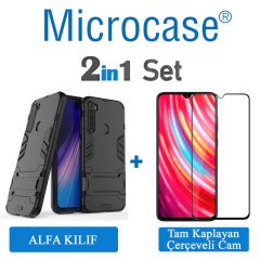 Microcase Xiaomi Redmi Note 8 Alfa Serisi Armor Standlı Perfect Koruma Kılıf - Siyah + Tam Kaplayan Cam Koruma