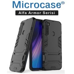 Microcase Xiaomi Redmi Note 8 Alfa Serisi Armor Standlı Perfect Koruma Kılıf - Siyah + Tam Kaplayan Cam Koruma